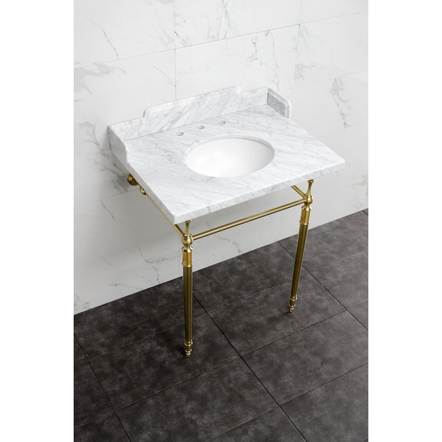 Habsburg LMS3022M87 30-Inch Carrara Marble Console Sink with Brass Legs (8-Inch, 3-Hole), Carrara Marble White/Brushed Brass