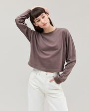 Womens Relaxed Crop Long Sleeve Tee - Pigment Dye Jersey - Mole