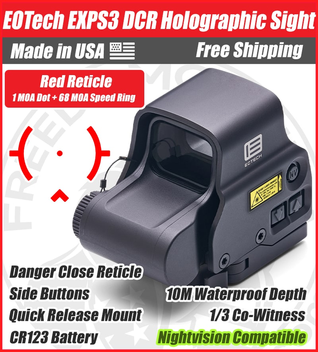 EOTech EXPS3 DCR Holographic Red Dot Sight, 1 MOA Dot, 68 MOA Speed Ring, Quick Release Mount, NV Compatible - EXPS3-DCR