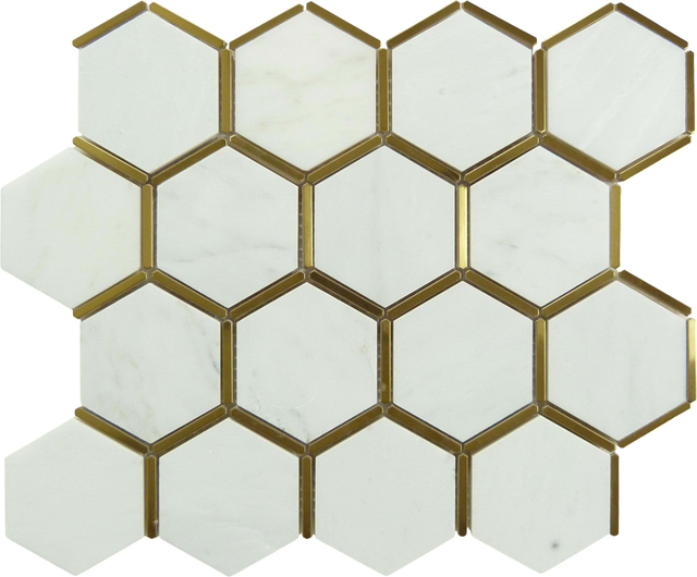 Natural Bianco White and Gold Metal Honeycomb Hexagon Stone Tile