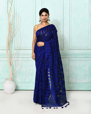 Women's Blue Cotton Silk Jamdani Saree