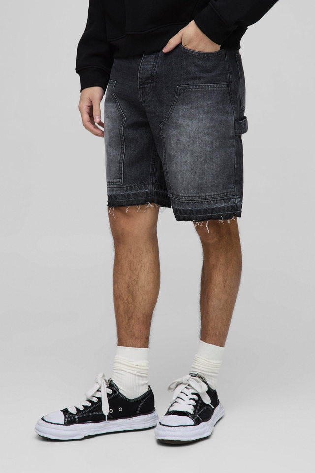 Relaxed Fit Carpenter Antique Grey Denim Shorts | boohooMAN USA