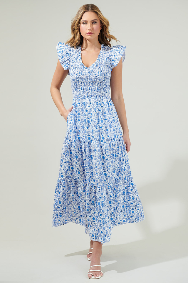 Luray Floral Sunfire Smocked Bodice Tiered Midi Dress