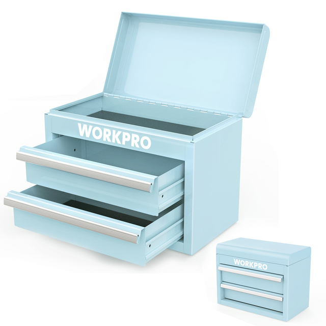 WORKPRO Mini Metal Tool Box with 2 Drawers and Top Storage - Gifts for Christmas