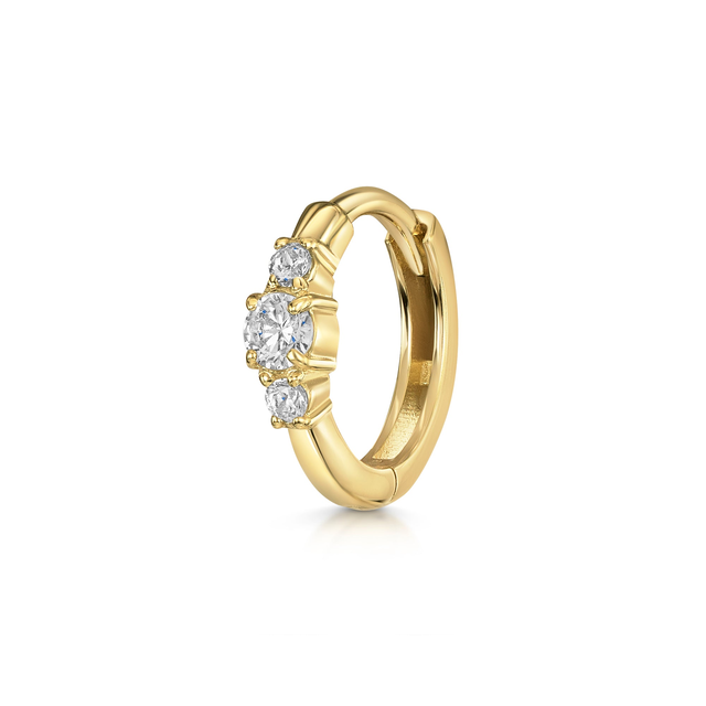 9k solid yellow gold dainty three stone 8mm huggie hoop earring