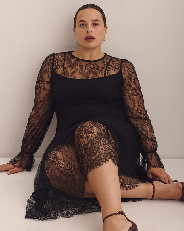 Black Sheer Lace Midi Dress with Balloon Sleeves