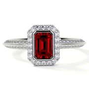 Lab Grown Emerald Cut Ruby Bezel Set Halo Ring With Round Diamonds (1.24cttw)