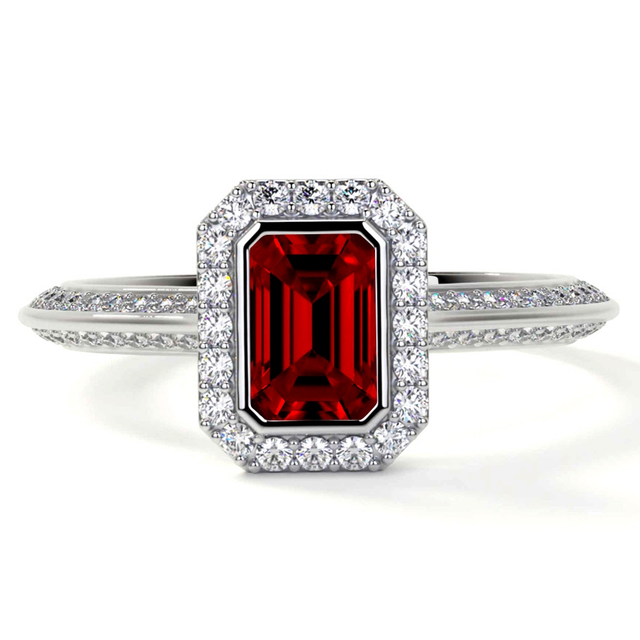 Lab Grown Emerald Cut Ruby Bezel Set Halo Ring With Round Diamonds (1.24cttw)