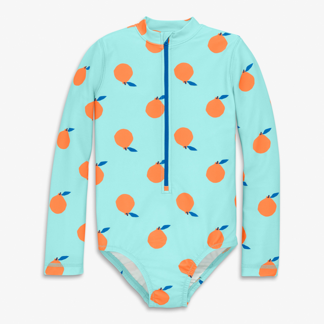 Kids long sleeve one-piece rash guard in citrus burst