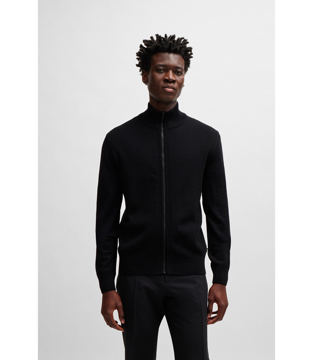 Zip-up cardigan in wool with mixed structures