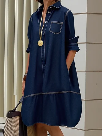 Urban Plain Shirt Collar Knee Length Denim Dress
