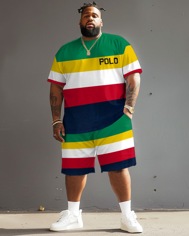 Men's Plus Size Polo Color Stripes T-Shirt Shorts Set