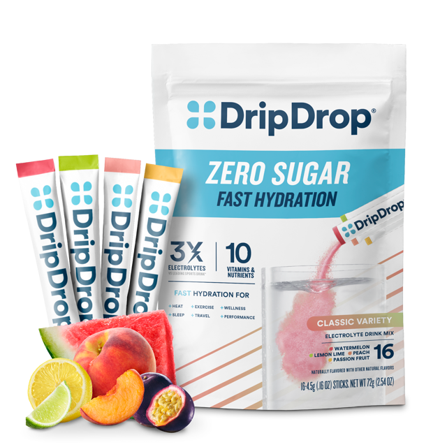 DripDrop Zero Sugar Classic Variety Pack Electrolyte Powder, 8 oz sticks, 16 count