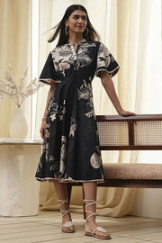 Black Cotton Floral Flared Dress