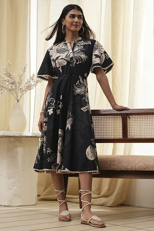 Black Cotton Floral Flared Dress