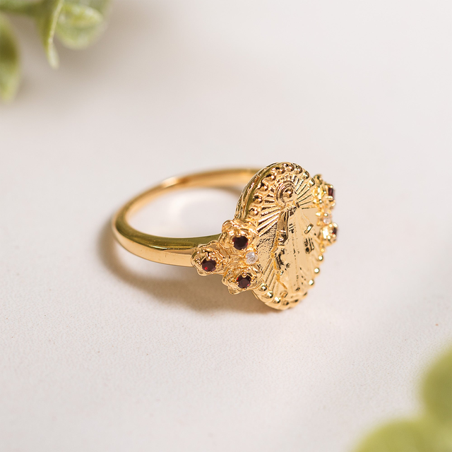 Gold Miraculous Medal & Rose Accent Ring - Multiple Sizes