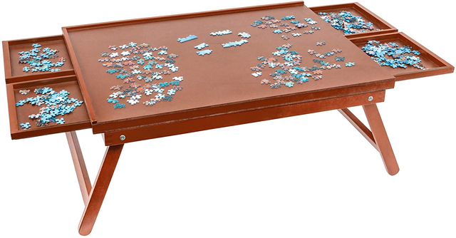 1000 Piece Wooden Puzzle Table with Foldable Legs and Four Built-in Drawers