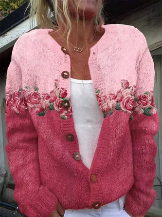 Women Floral Casual Spring/Fall Printing Cardigan