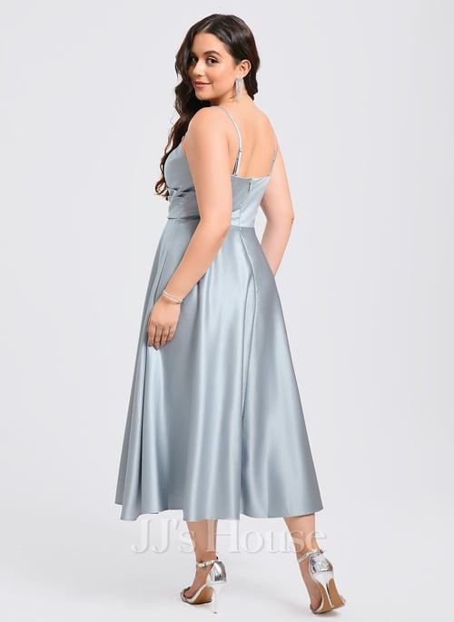 A-line V-Neck Tea-Length Satin Cocktail Dress (016304469)