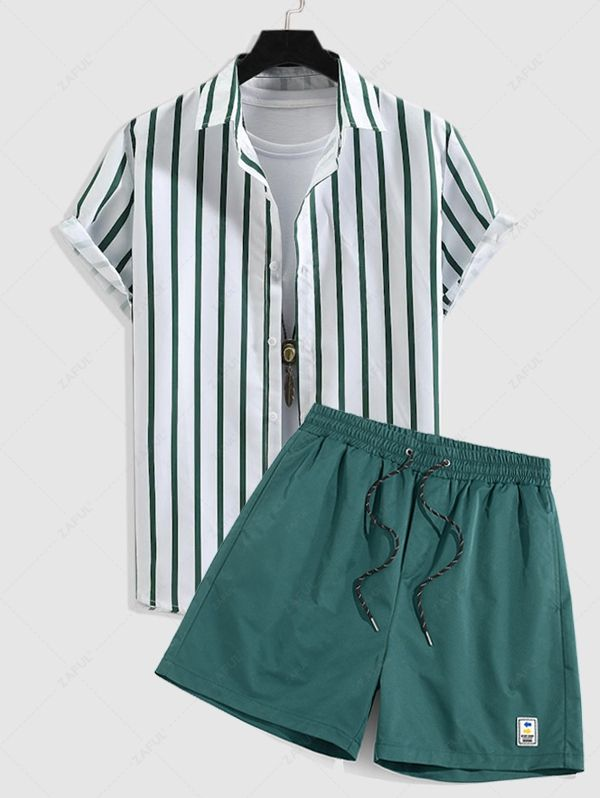 Button Up Striped Shirt and Label Design Drawstring Shorts Set