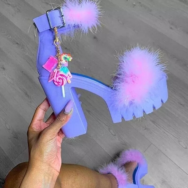 Platform Sandals Heels with Fur Ankle Strap for Women