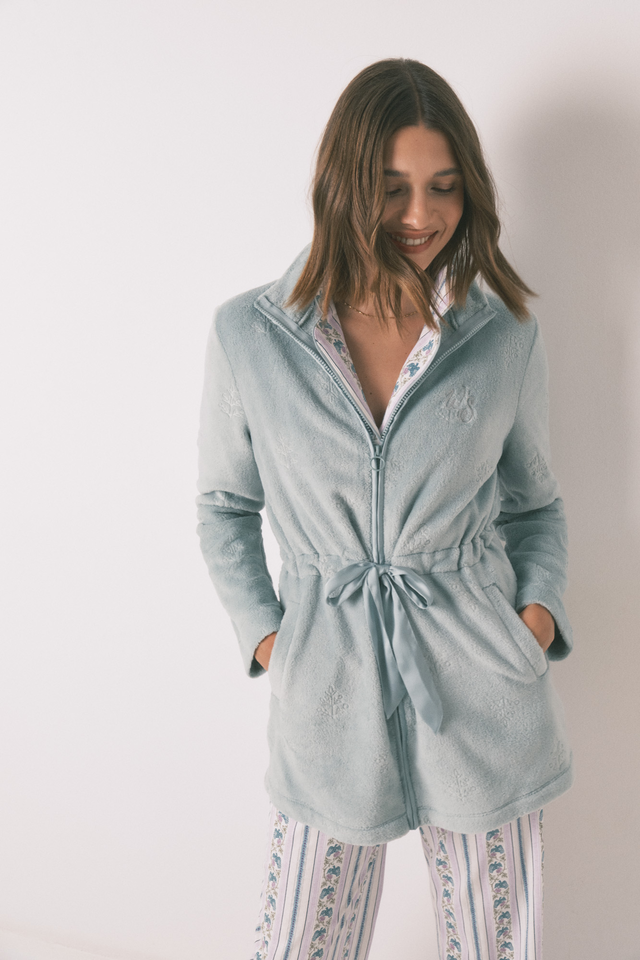 Robe de chambre midi en polaire fleurie verte