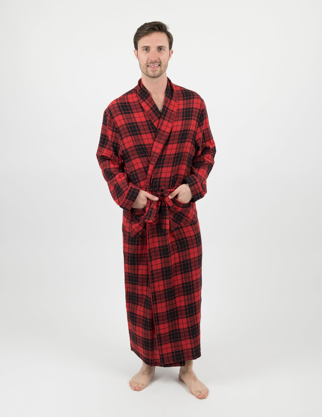 Men's Red & Black Plaid Flannel Robe