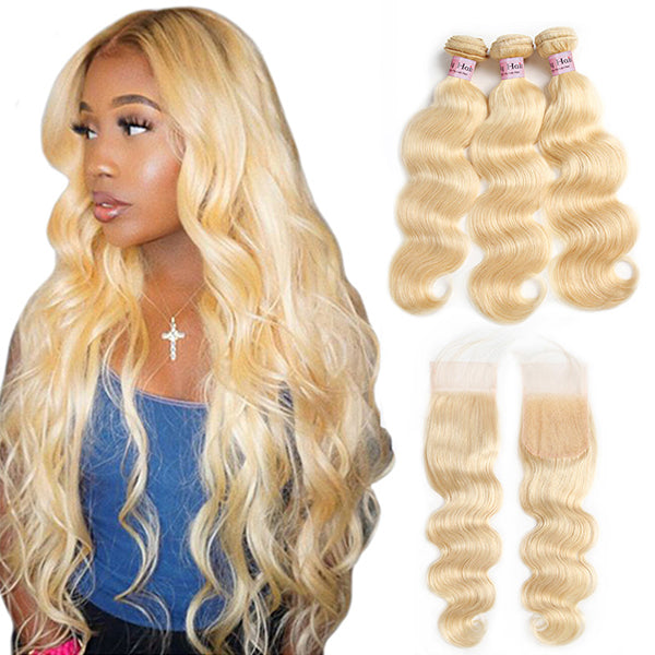 613 Bundles Body Wave with Closure Brazilian Blonde Human Hair Bundles and Closures