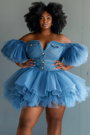 Xpluswear Design Plus Size Party Tulle Blue Off The Shoulder Short Sleeve Pleated Contrast Denim Mini Dresses [Pre-Order]