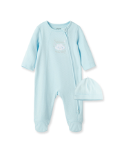 New Blue Welcome to the World Zip Front Footed One-Piece & Hat