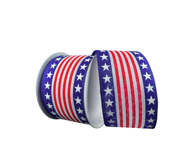 2.5" Red/White Cabana Stripe w/ Blue Star Edges Ribbon - 10yds