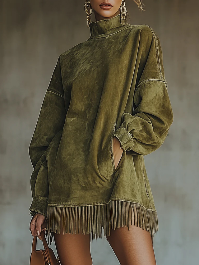 Western Army Green Suede High Neck Long Sleeve Pockets Fringe Hem Mini Dress
