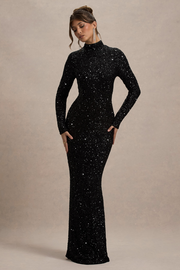Galaxy | Black Sequin Turtle-Neck Long-Sleeve Maxi Dress