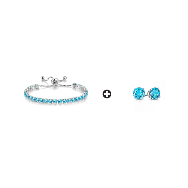 BJ Jewelry 18k White Gold 6 Cttw Created Blue Topaz Round Adjustable Tennis Bracelet and Earrings Set