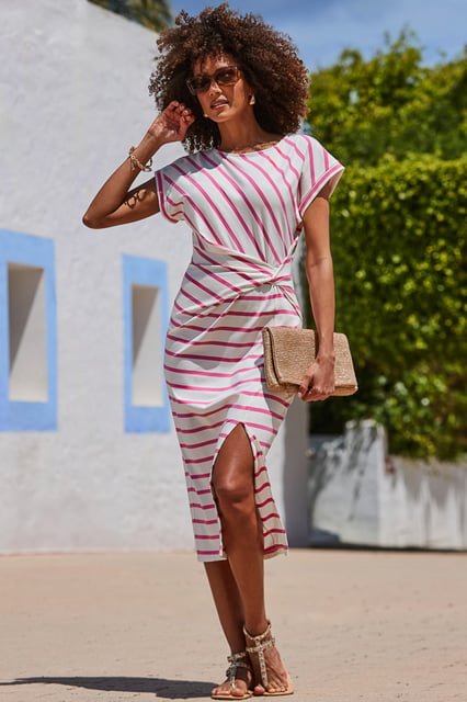 Pink Stripe Print Twist Detail Dress