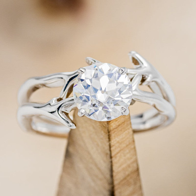 "ARTEMIS" - ROUND CUT MOISSANITE ENGAGEMENT RING WITH AN ANTLER STYLE STACKING BAND
