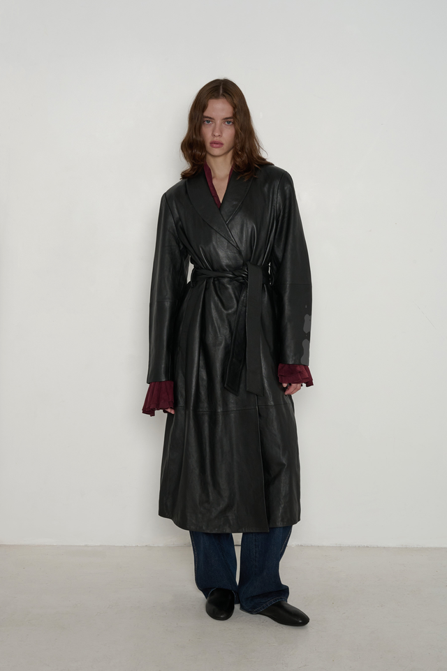 Frida Full Length Leather Wrap Coat in Black