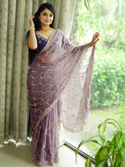Anouk Lavender Tissue Embroidered Sarees