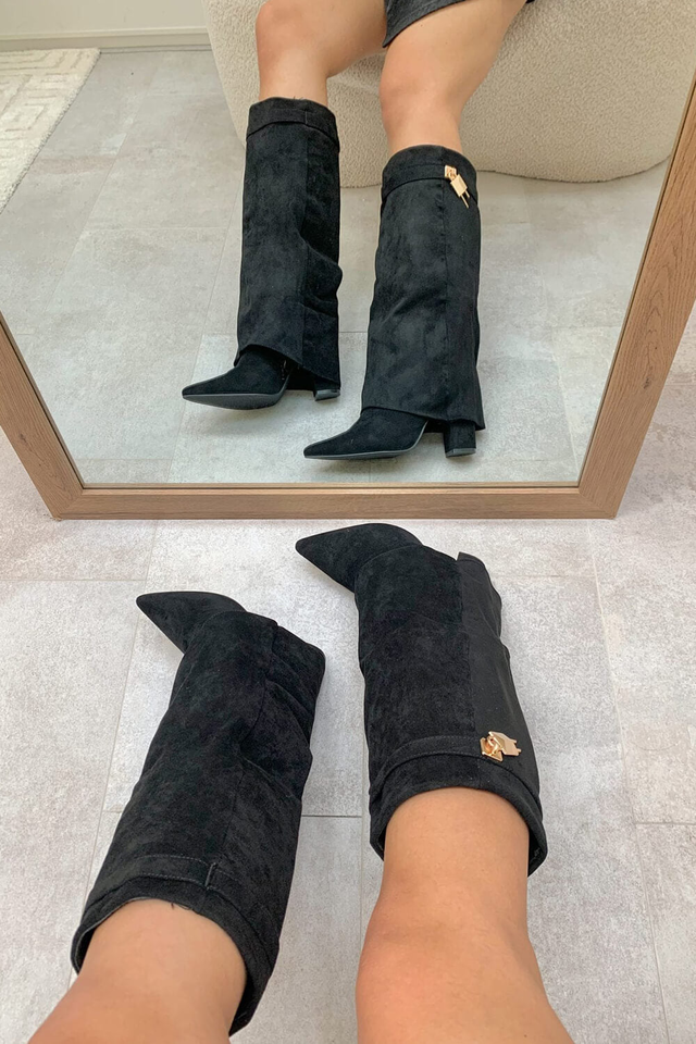 Faux Suede Fold Over Metal Lock Detail Knee High Boots