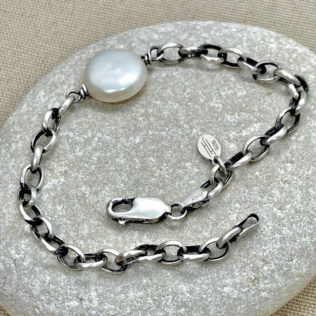 Sterling Silver Pearl Coin Bracelet
