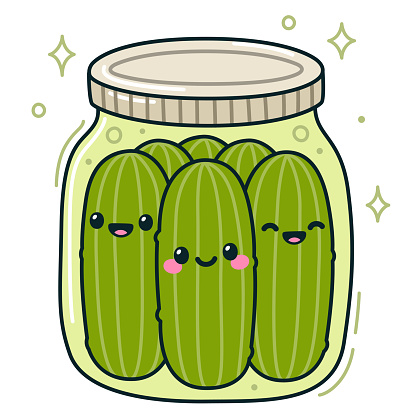 Jar of dill pickles with kawaii smiling faces, cute hand drawn...