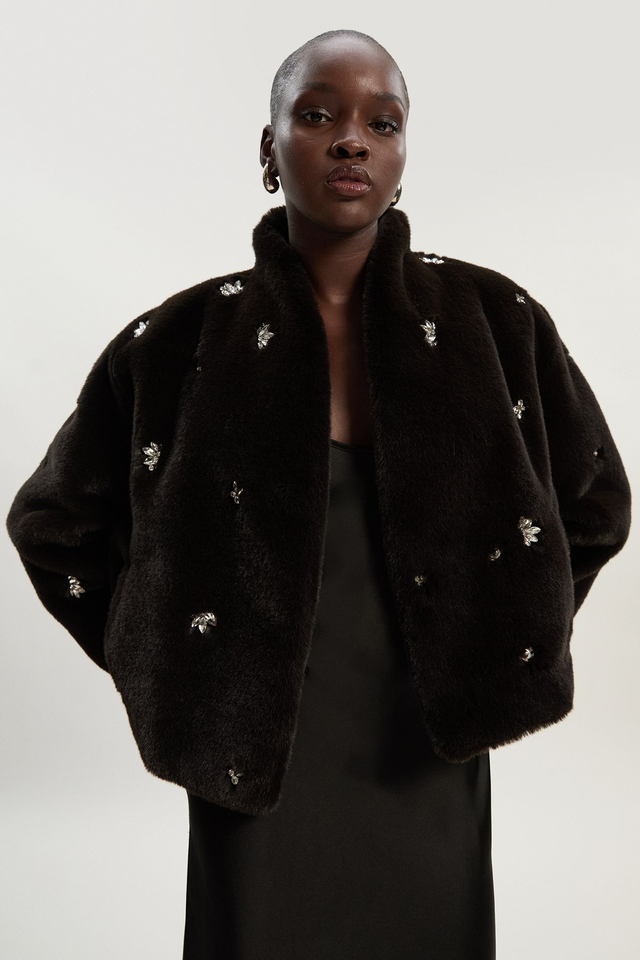 Crystal Embellished Faux Fur Short Coat | Karen Millen