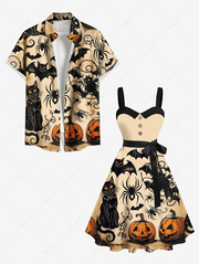 Halloween Pumpkin Bat Spider Cat Print Plus Size Matching Outfit For Couples