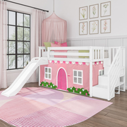 Twin Low Loft Bed with Stairs, Easy Slide, and Pink & White Farmhouse Curtain
