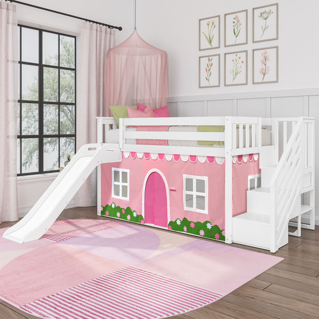 Twin Low Loft Bed with Stairs, Easy Slide, and Pink & White Farmhouse Curtain