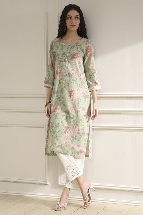 Light Green Cotton Blend Printed Straight Kurta