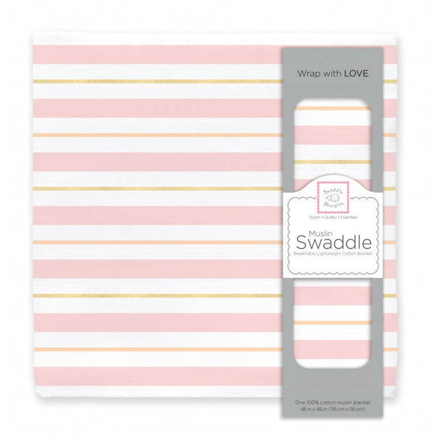 Muslin Swaddle Single - 3 Color Stripe with Touch of Gold Shimmer, Pink