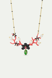 Statement Necklace with Black Orchid, Red Coral, Dangling Green Rose Chafer and Cultured Pearls