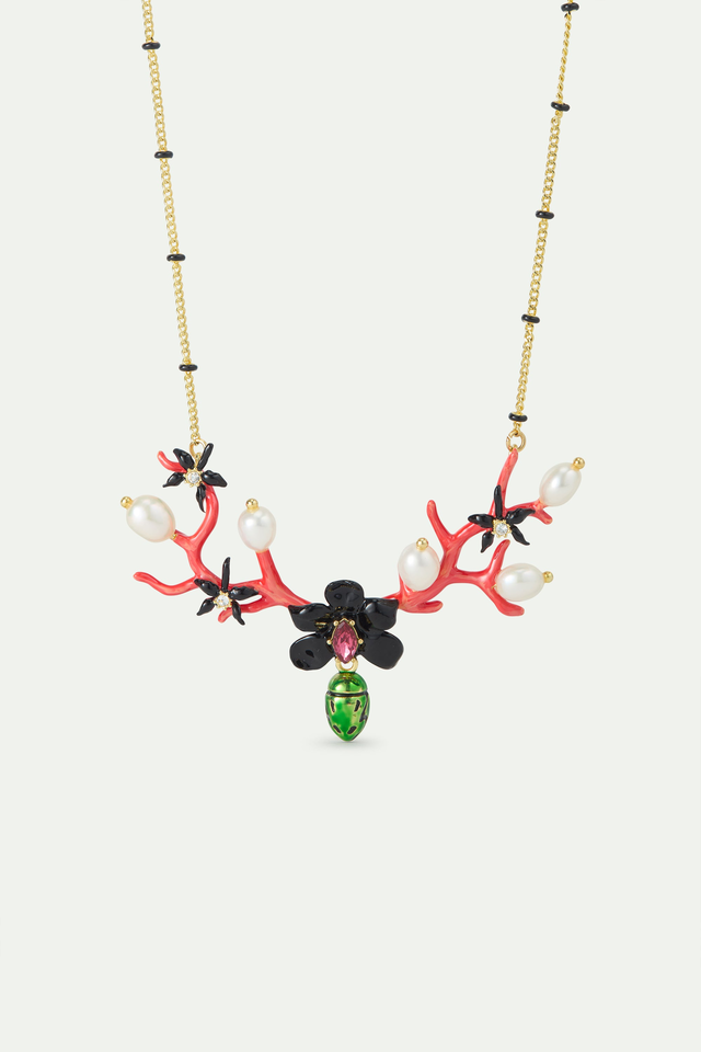 Statement Necklace with Black Orchid, Red Coral, Dangling Green Rose Chafer and Cultured Pearls