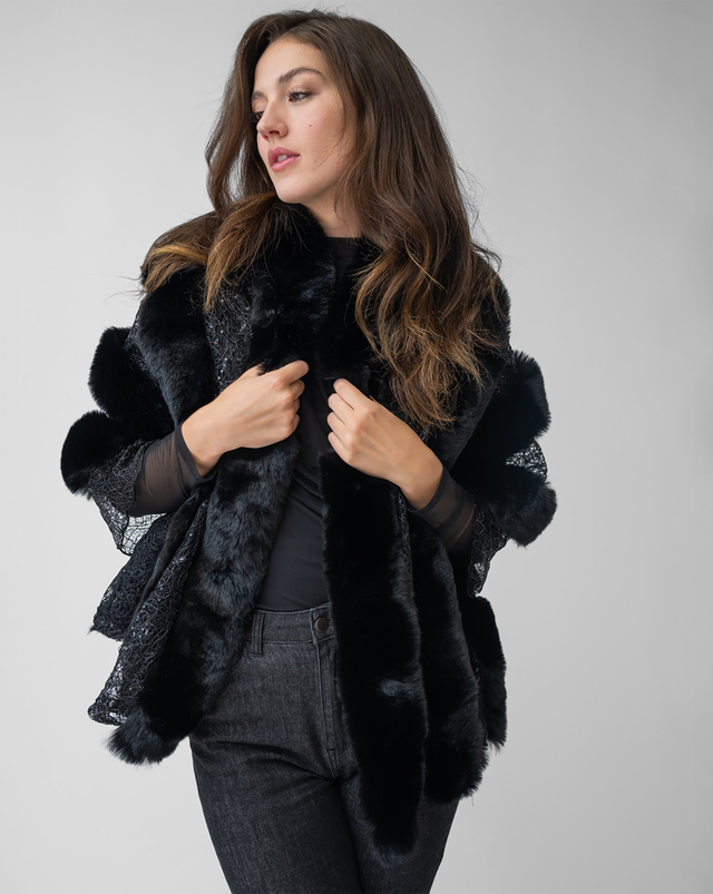 Lace Shawl With Faux Fur Trim